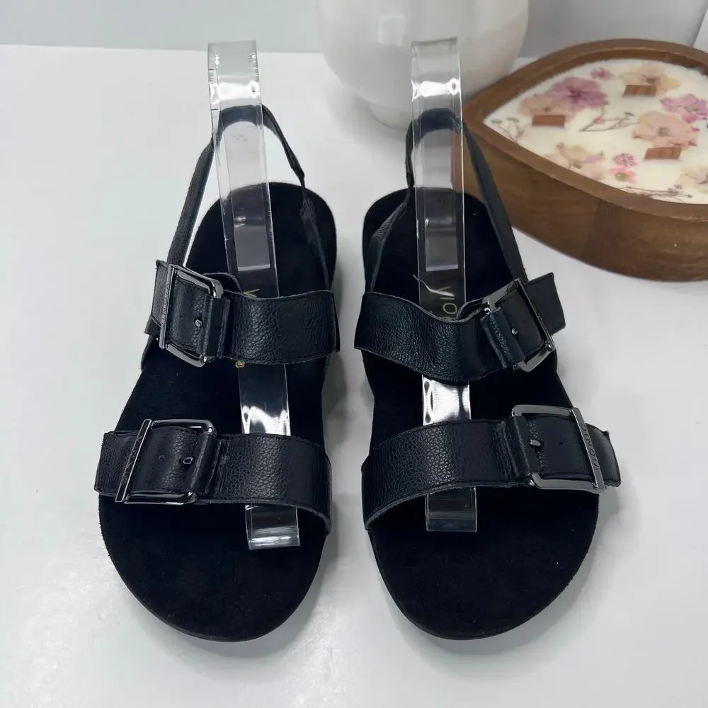 Vionic Reese Leather Strappy Buckle Sandal Black Women 7 Wide Tried On